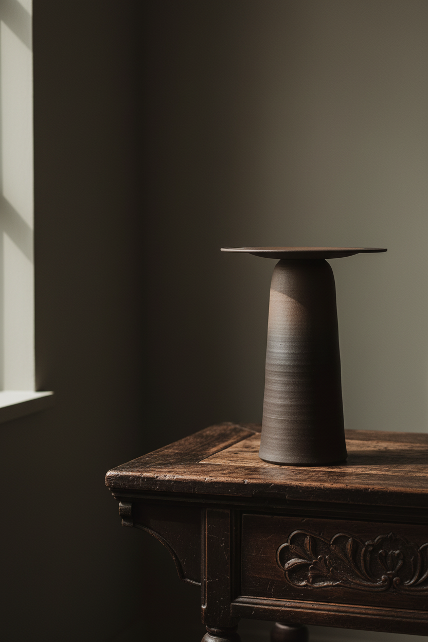 Tall ULFUR ceramic vase with wide conical base and flat disc top in bronze to black glaze on dark wood surface
