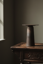 Tall ULFUR ceramic vase with wide conical base and flat disc top in bronze to black glaze on dark wood surface