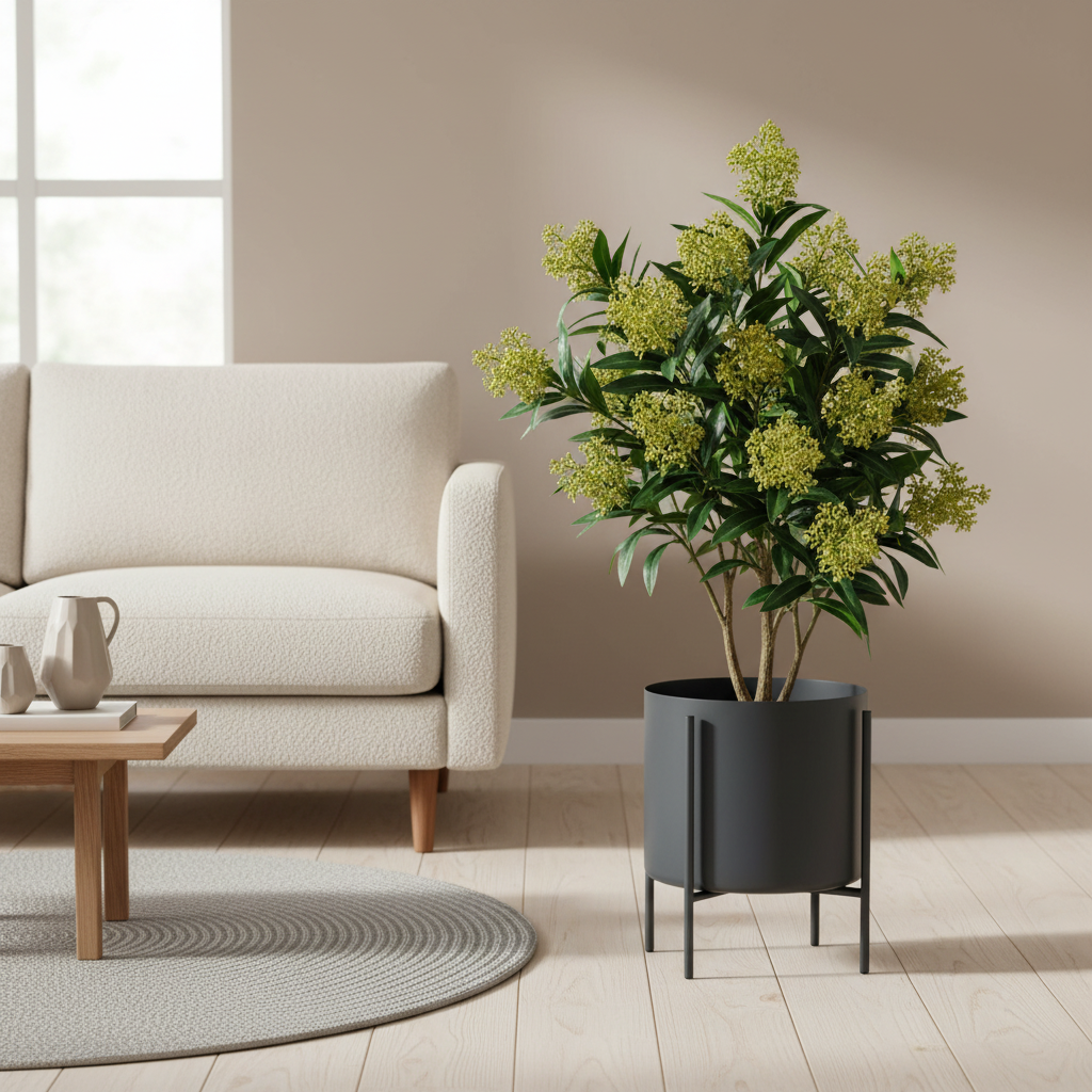 Realistic artificial Skimmia plant beside a sofa in a warm Nordic interior with soft natural light