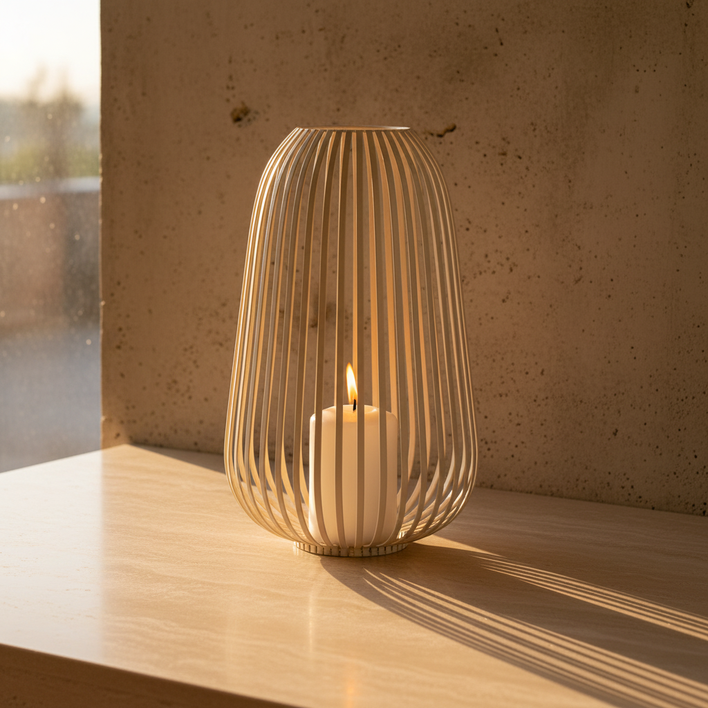 Stoense beige metal lantern on travertine shelf, golden light casting shadow lines