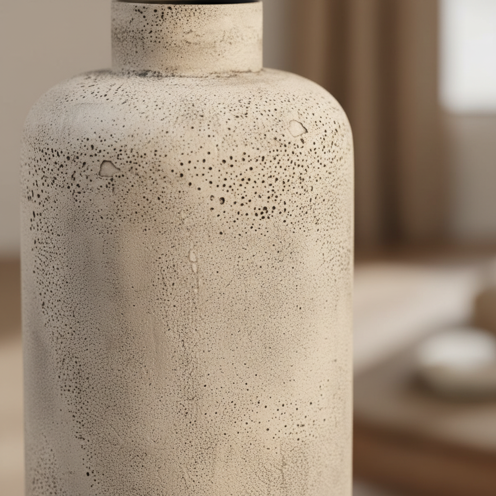 Close-up of antique beige metal Hou floor vase showing heavily pitted and speckled textured surface