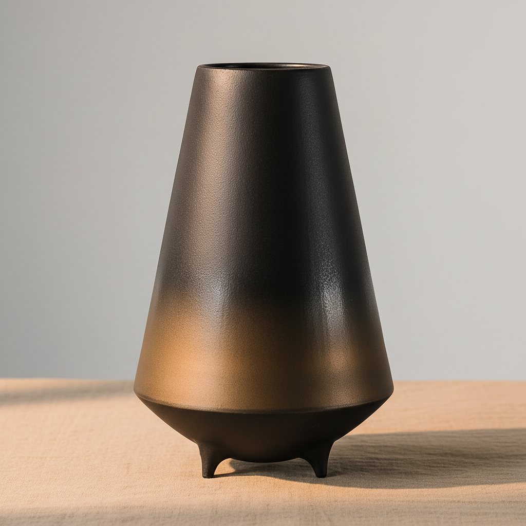 Close-up of the bronze-to-black mineral glaze on the tall Otaru ceramic vase