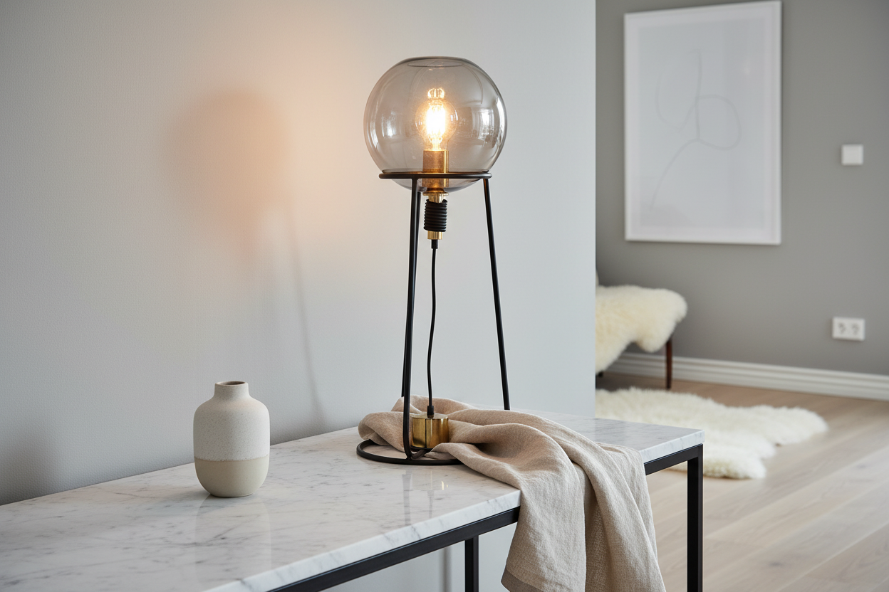 Stelo black tripod lamp with smoked glass globe on marble console with ceramic vase