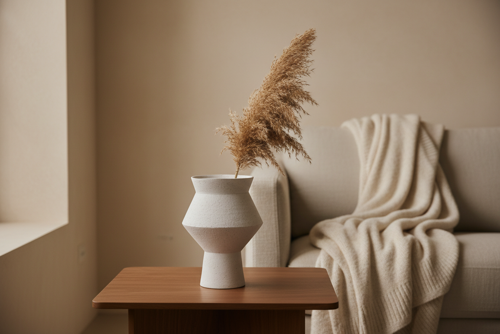 Matte white speckled ceramic vase on a walnut side table in a warm minimal living room