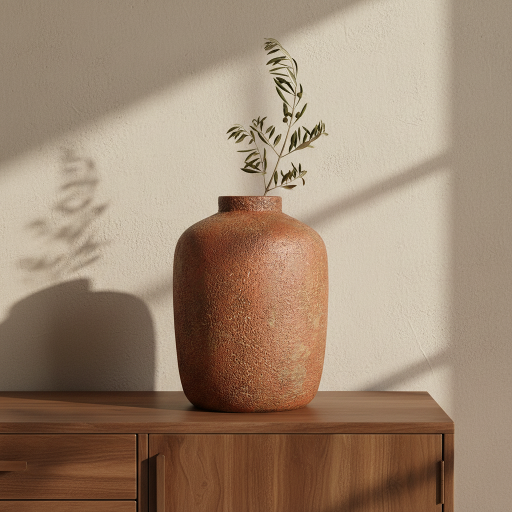 Clay Echo Terracotta Vase L op walnoot dressoir met olijftak
