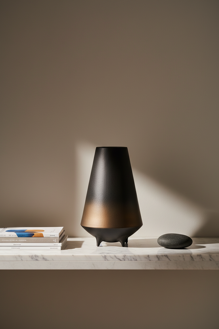 Tall bronze-to-black ceramic vase on a marble shelf with art books and a smooth stone