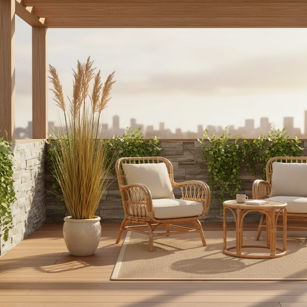 Tall artificial sorghum grass plant on a sheltered balcony with warm afternoon light and rattan furniture