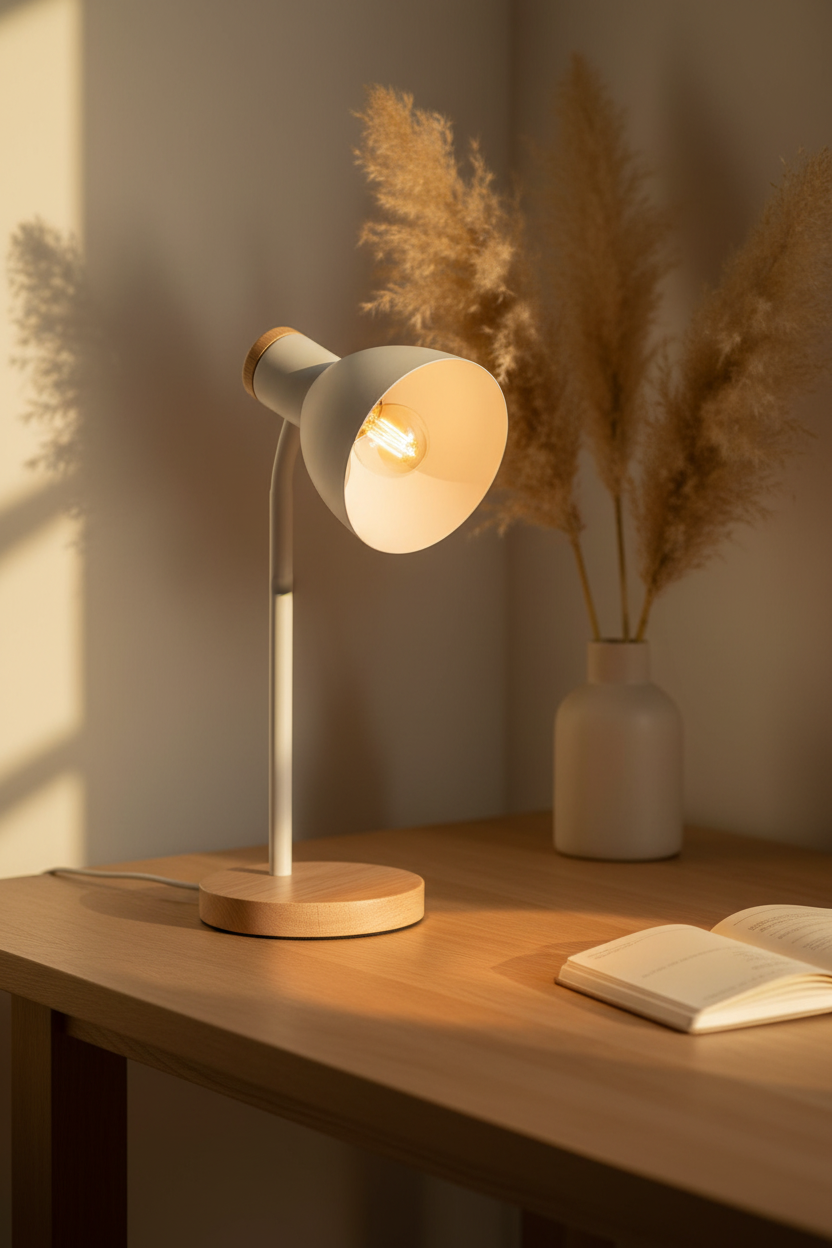 Marie white metal desk lamp with wood base on oak desk with linen notebook