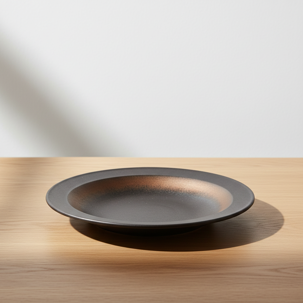 Ulfur East+West flat ceramic plate on oak surface with soft daylight and clean off-white background