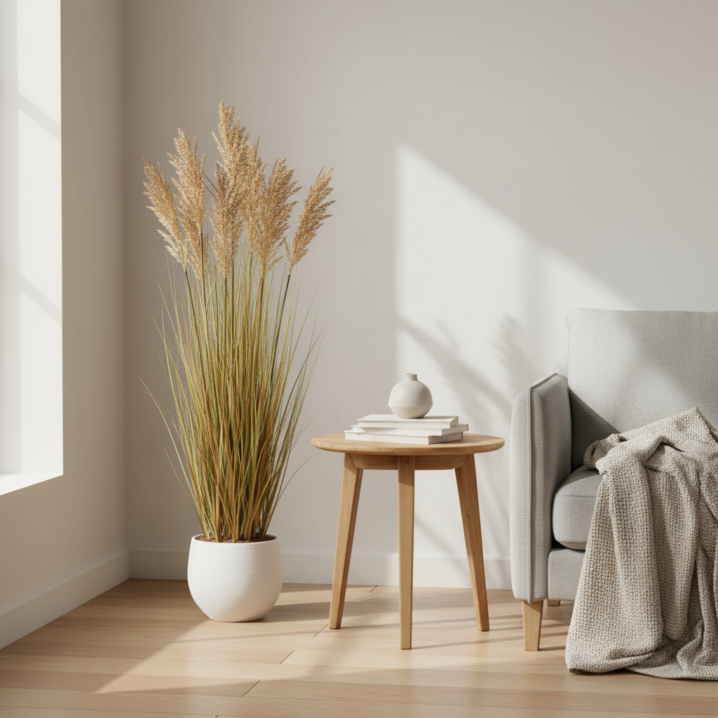 Tall artificial sorghum grass plant with natural feathery plumes styled in a Scandinavian living room corner
