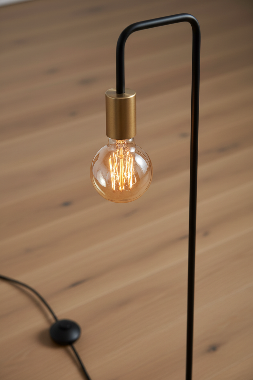 Close-up of Modo exposed Edison filament bulb with gold socket and black hook arm