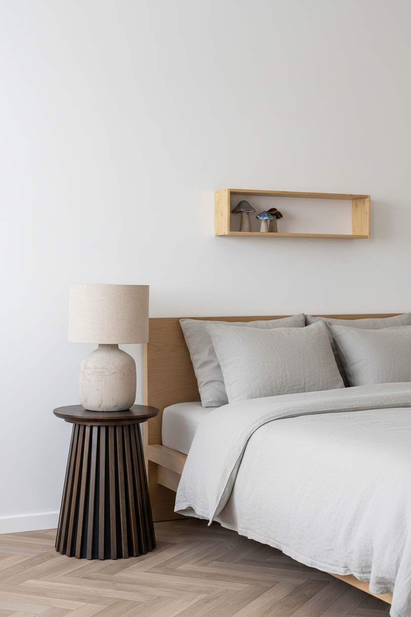 Solea ceramic table lamp on wooden bedside table beside linen bed in Scandinavian bedroom