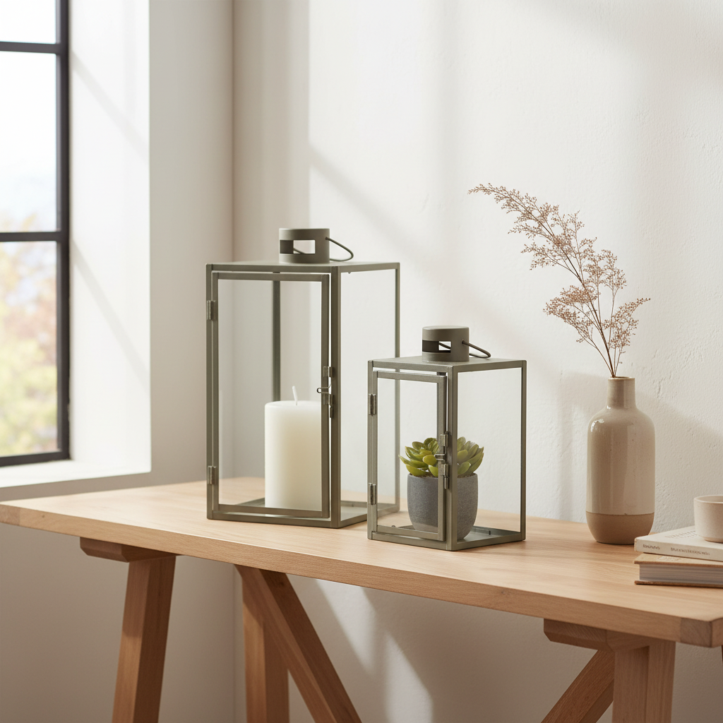 Set of two Corfu green steel glass lanterns on a sideboard in a Nordic interior with dried botanical styling