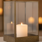 Close-up of Manali lantern antique brass frame detailing and glass panel with warm candlelight glow