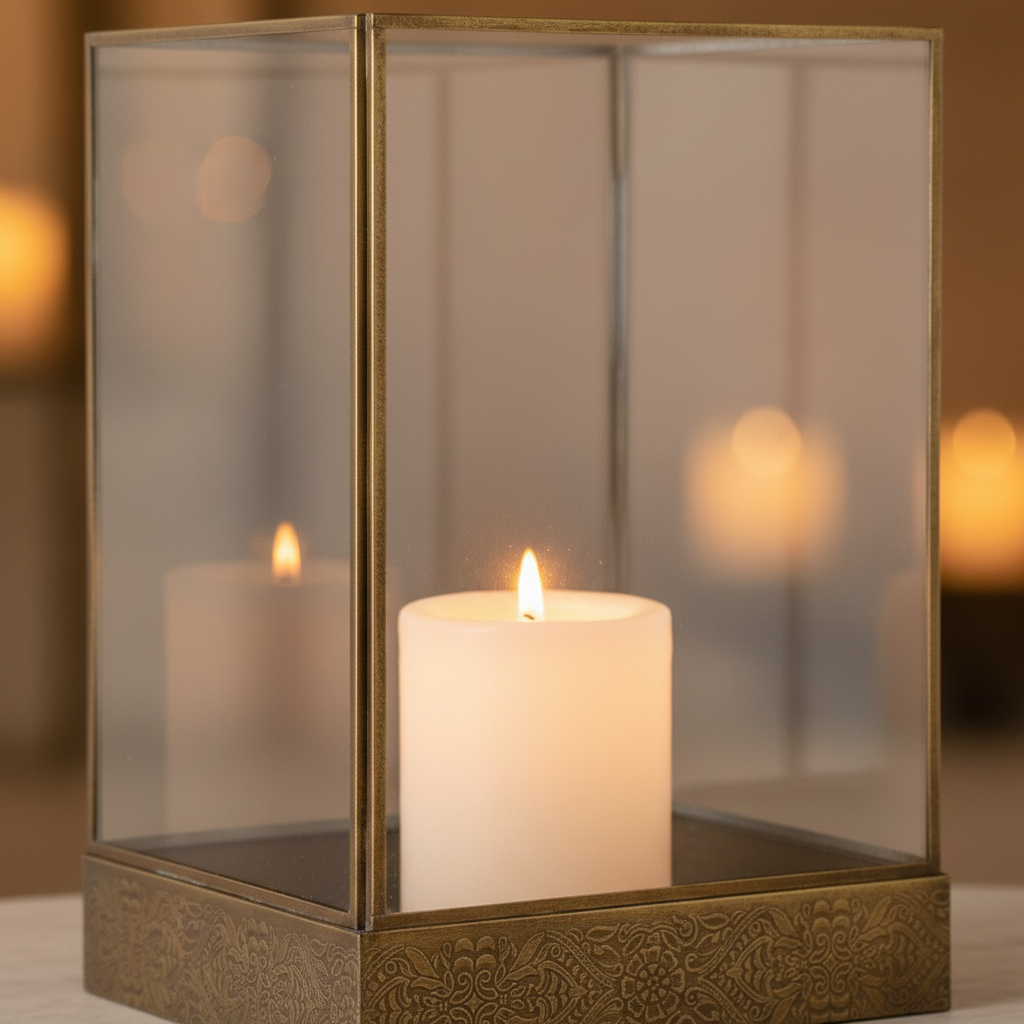 Close-up of Manali lantern antique brass frame detailing and glass panel with warm candlelight glow