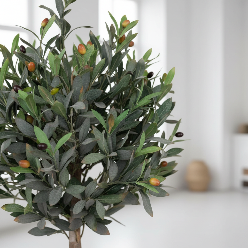 Close-up of faux olive tree canopy with realistic grey-green leaves and small olives