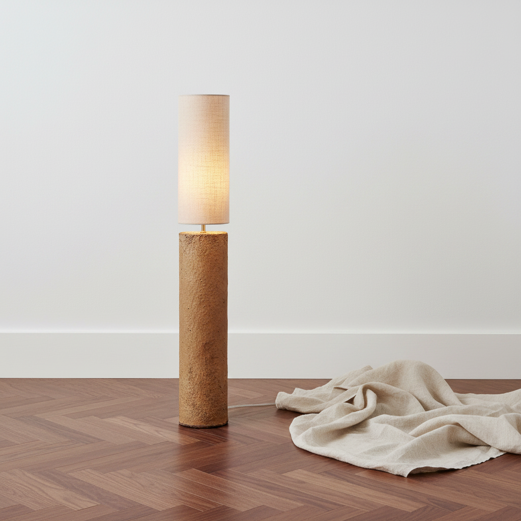 Totem Mud Floor Lamp staand op walnoot parket tegen witte muur