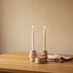 Auren Travertine Candle Holder on oak table with limewash wall