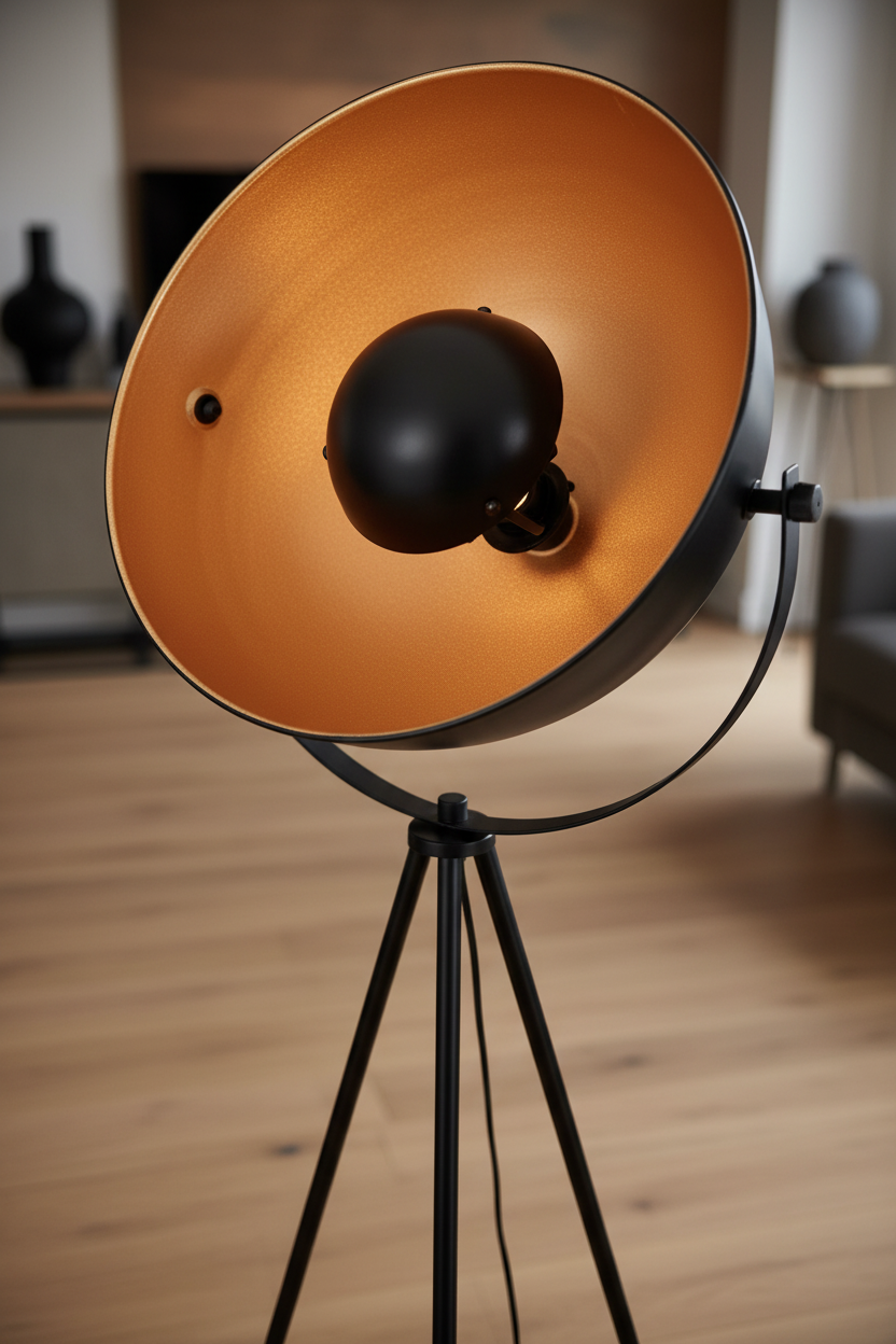 Close-up detail of Bernice bowl shade with gold copper interior on tripod stand