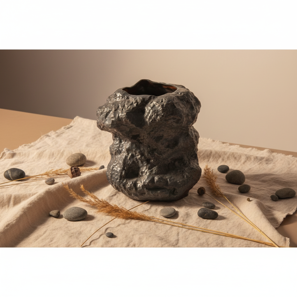 Black rock-look ceramic vase flat lay with pebbles, dried grass and linen cloth on neutral background