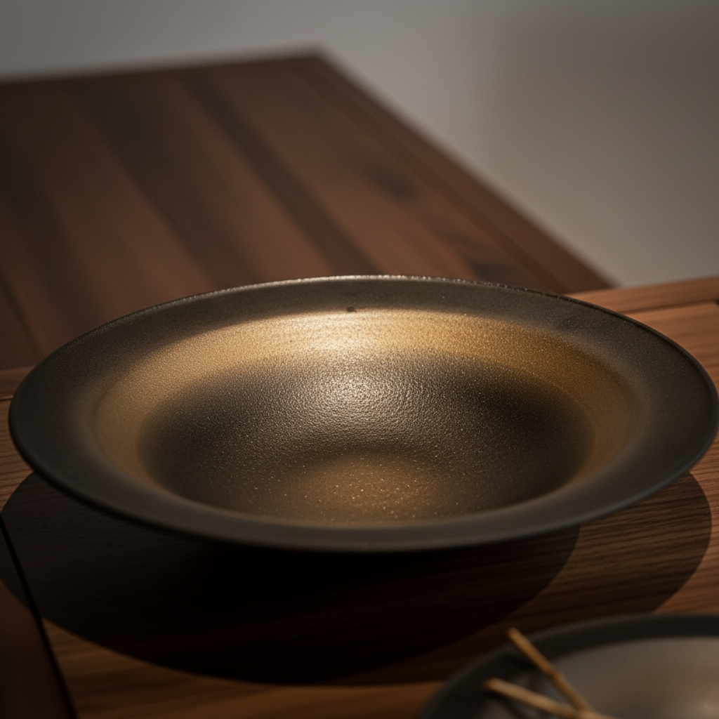 Close-up of ULFUR ceramic flat bowl showing bronze to black glaze gradient with warm golden shimmer at centre