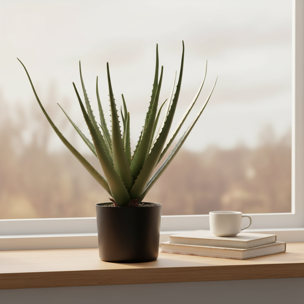 Realistic artificial Aloe Vera plant with spiky green succulent rosette styled on a Scandinavian windowsill