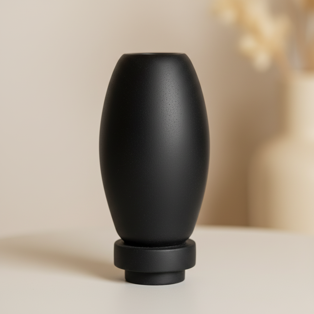 Close-up of matte black RUDAL microcement vase showing ultra-matte surface texture and sculptural oval form