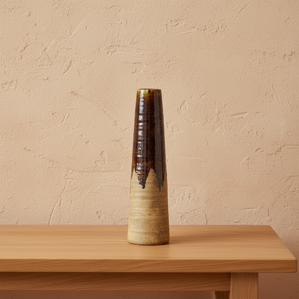 Terra brown ceramic sculptural vase on oak console, limewash wall, natural light