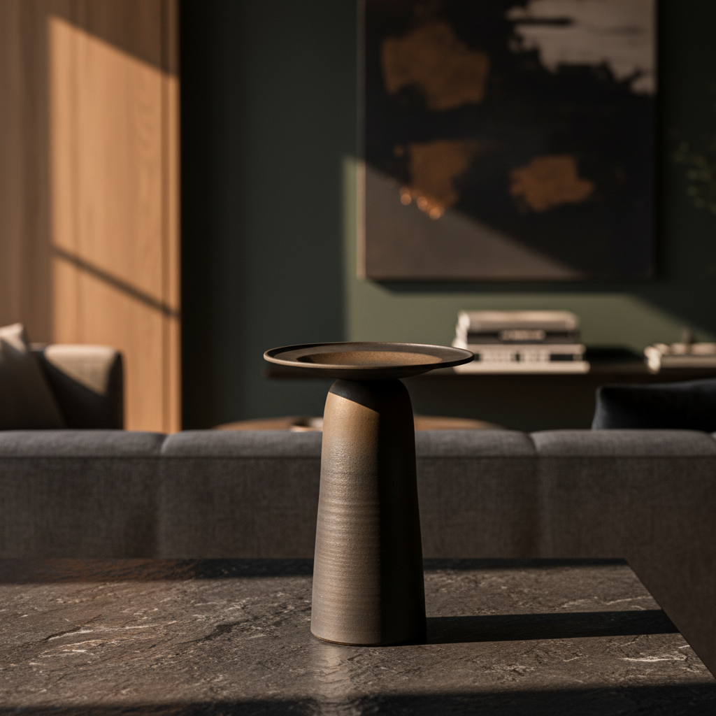ULFUR ceramic vase with conical base and flat disc top in bronze to black glaze on dark oak surface in Nordic interior