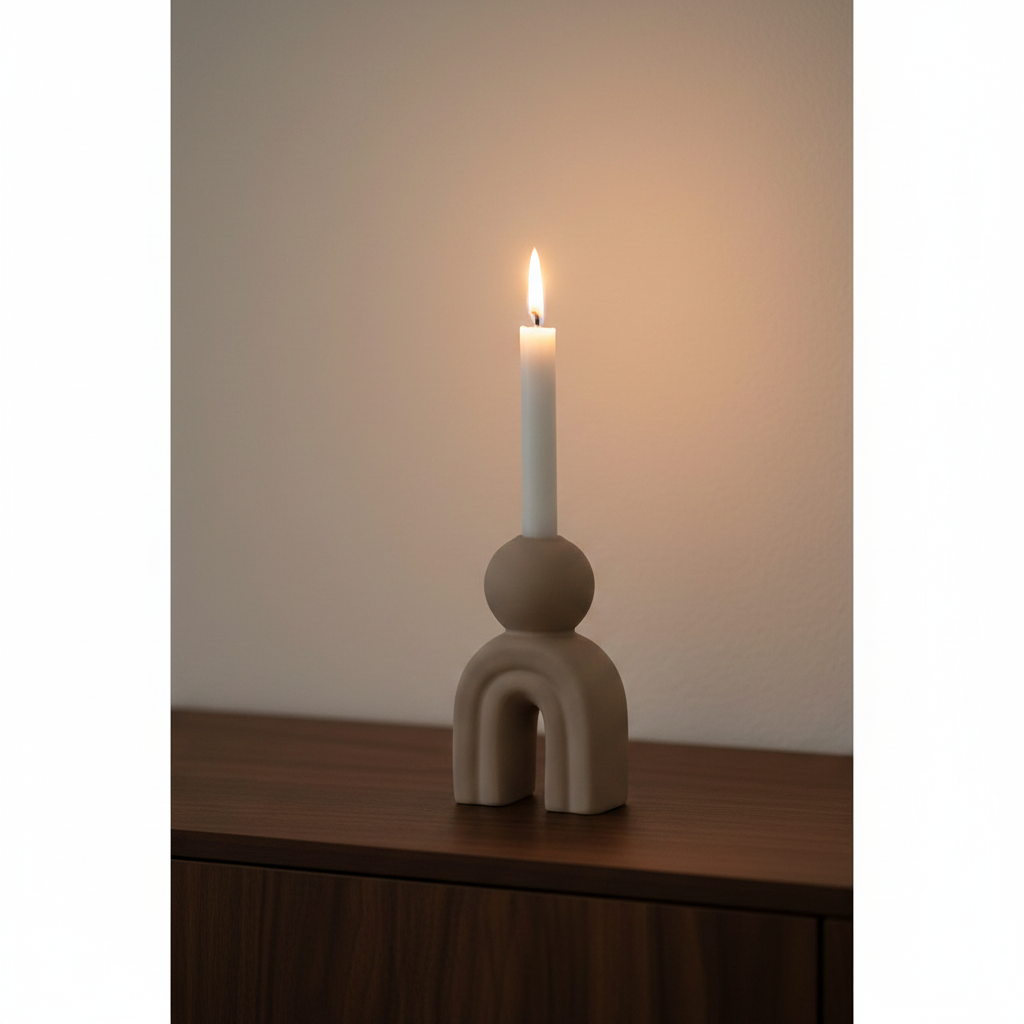 Bello stoneware candle holder close-up on walnut console, lit taper candle