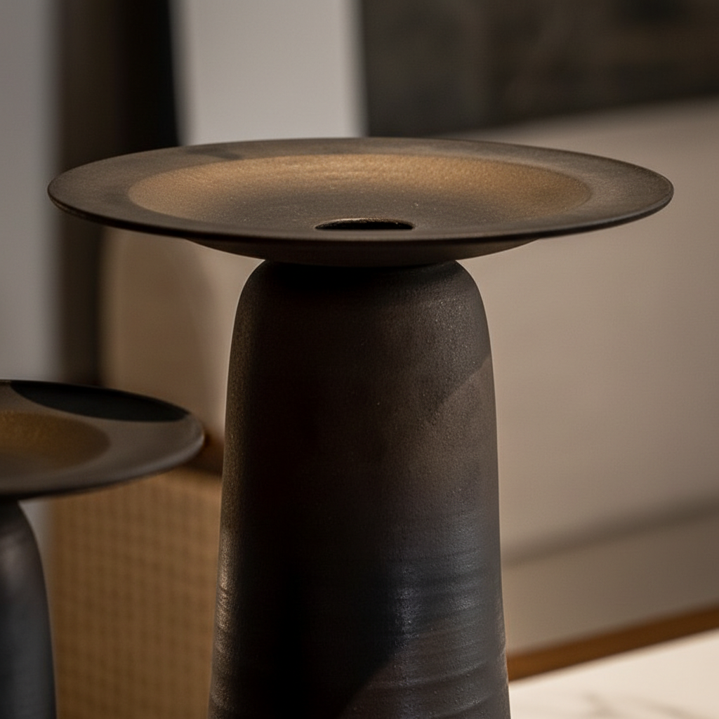 Close-up of ULFUR ceramic vase showing bronze to matte black mineral glaze surface texture with warm directional light