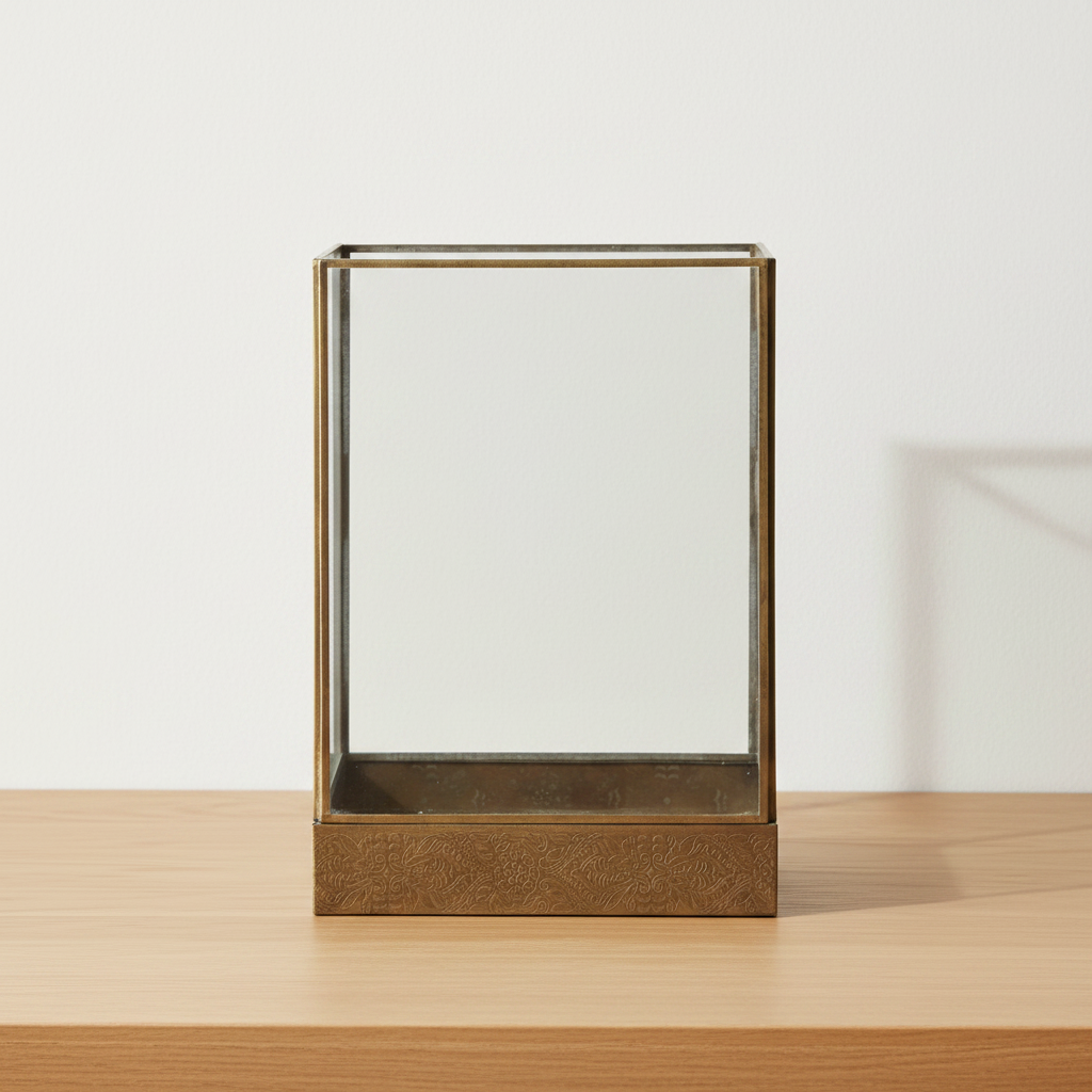 Manali antique brass metal and glass lantern on oak surface with soft daylight and clean off-white background