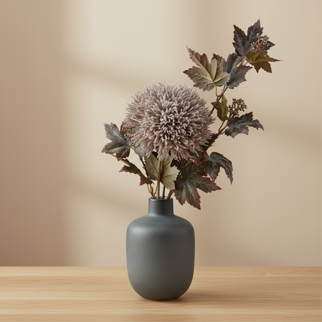 Faux natural bouquet in a dark ceramic vase on oak surface with soft natural light