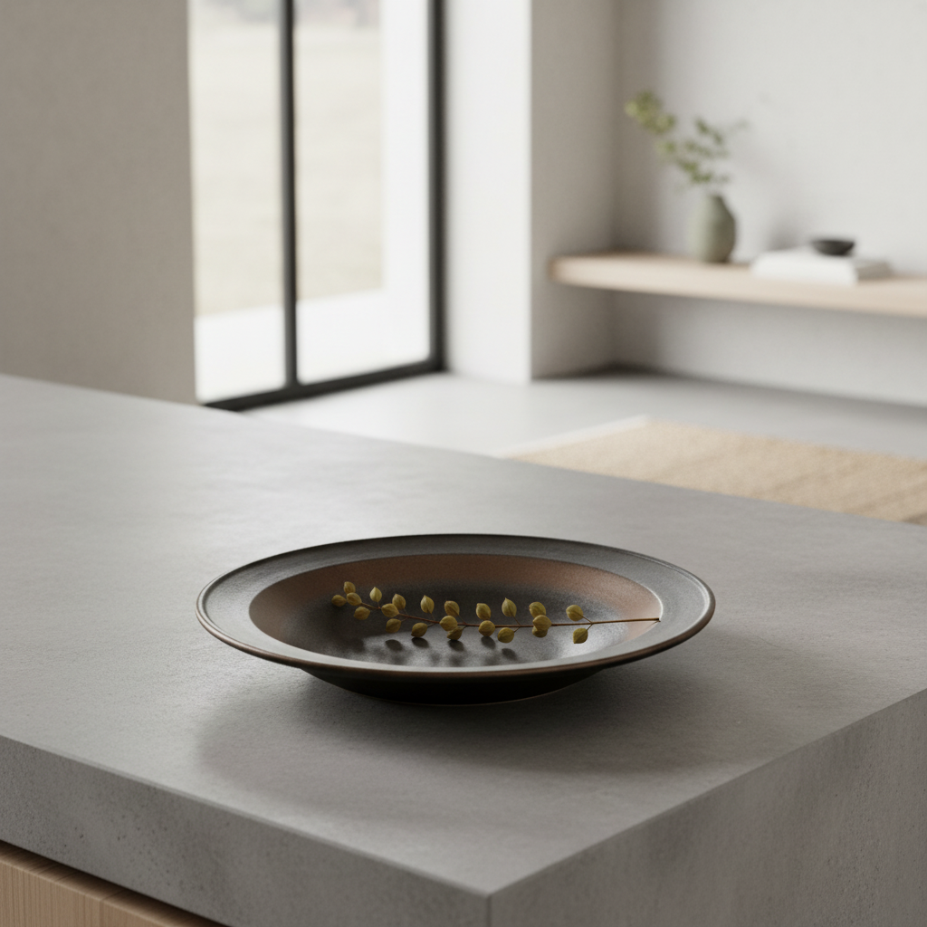 Ulfur East+West ceramic plate on concrete surface in a modern Nordic interior with dried botanical styling