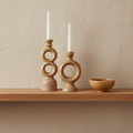 Brava Brown Ceramic Candle Holder on oak shelf with limewash wall