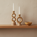 Brava Brown Ceramic Candle Holder on oak shelf with limewash wall