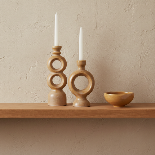 Brava Brown Ceramic Candle Holder on oak shelf with limewash wall