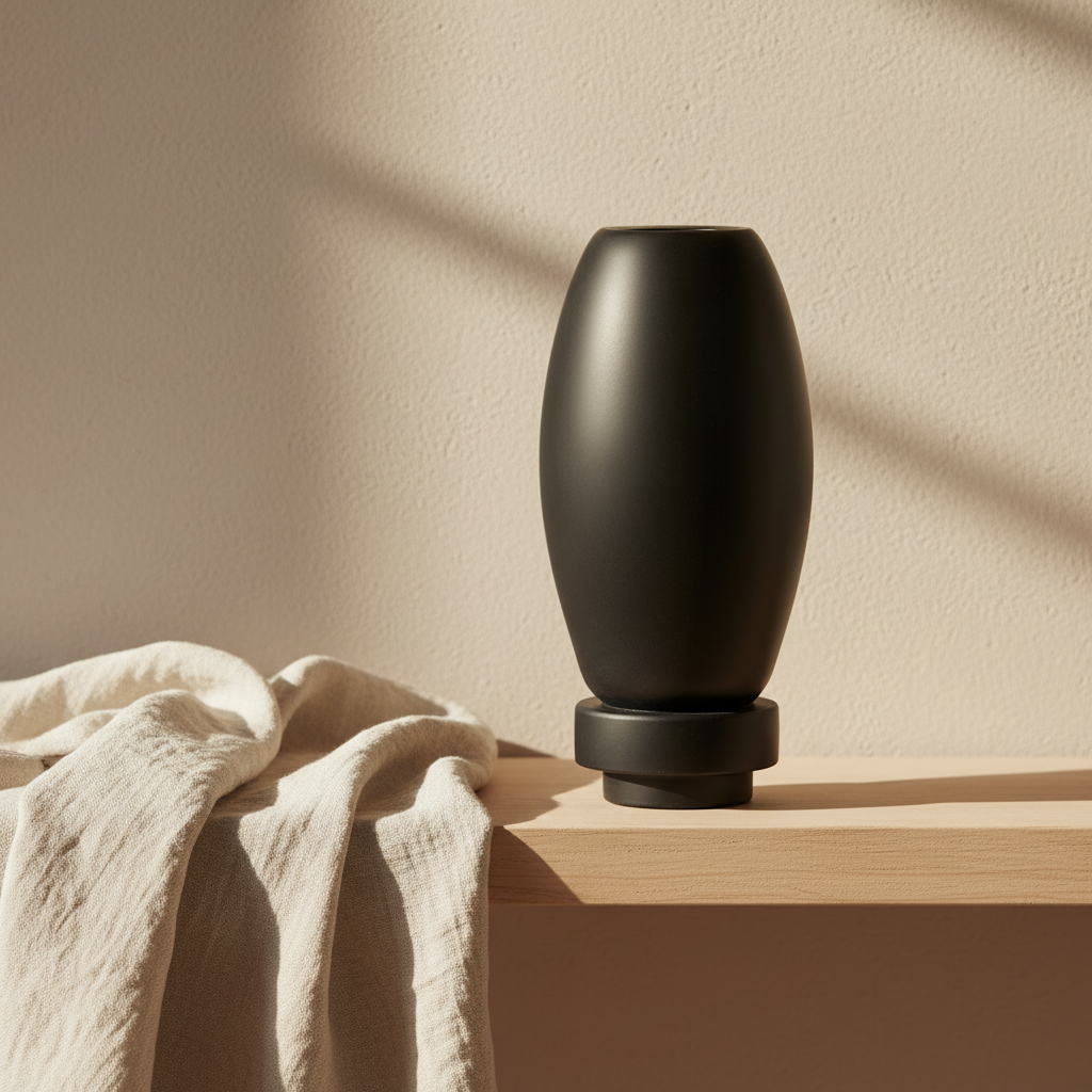 Matte black RUDAL microcement vase with oval body and stepped base styled on a Scandinavian shelf