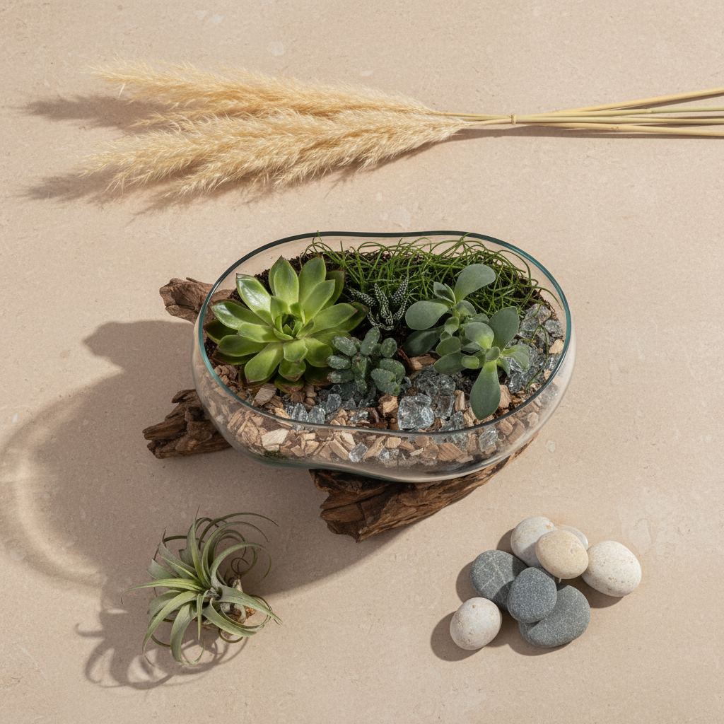 San Marino Waterdrop teak glass vase flat lay with air plant, pebbles and dried grass on neutral background
