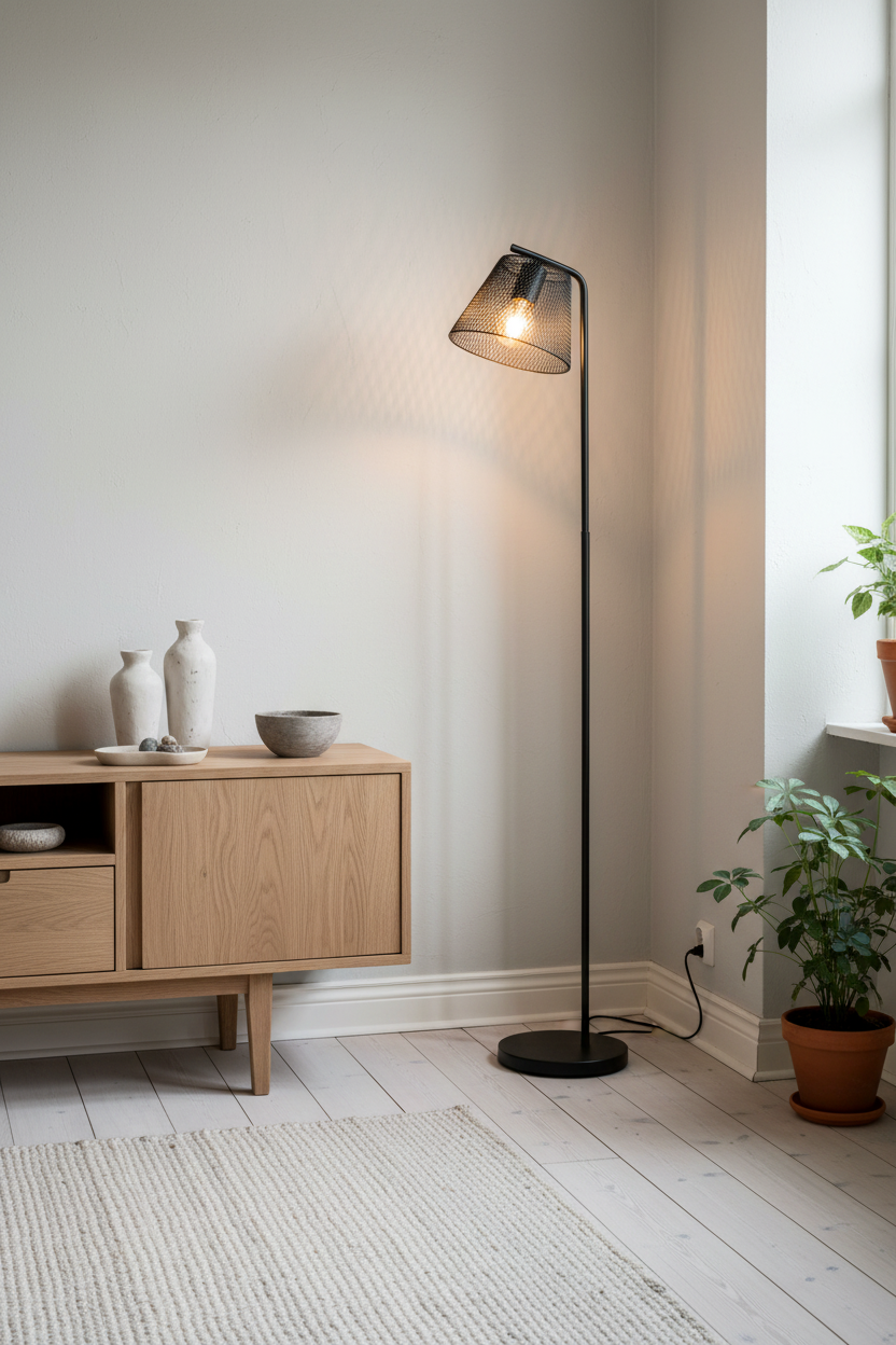 Korie wire mesh floor lamp in dining room corner beside wooden sideboard