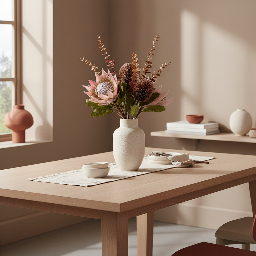 Realistic artificial King Protea bouquet in tall ceramic vase on a dining table in a warm Nordic interior