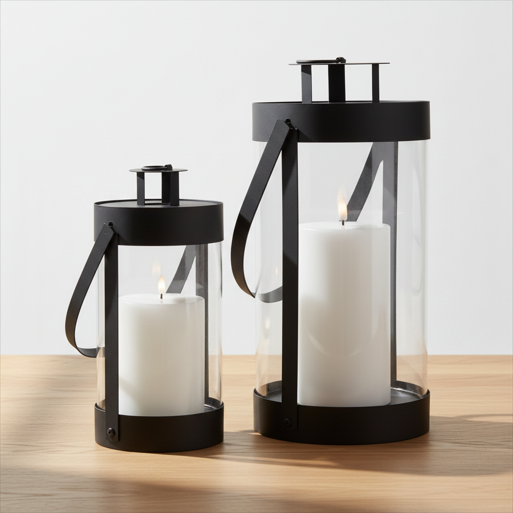 Set of two Bondi black steel and glass lanterns on oak surface with soft daylight and clean off-white background