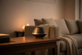 Bronze-to-black ceramic bowl on a walnut side table in a warm minimal living room