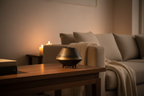 Bronze-to-black ceramic bowl on a walnut side table in a warm minimal living room