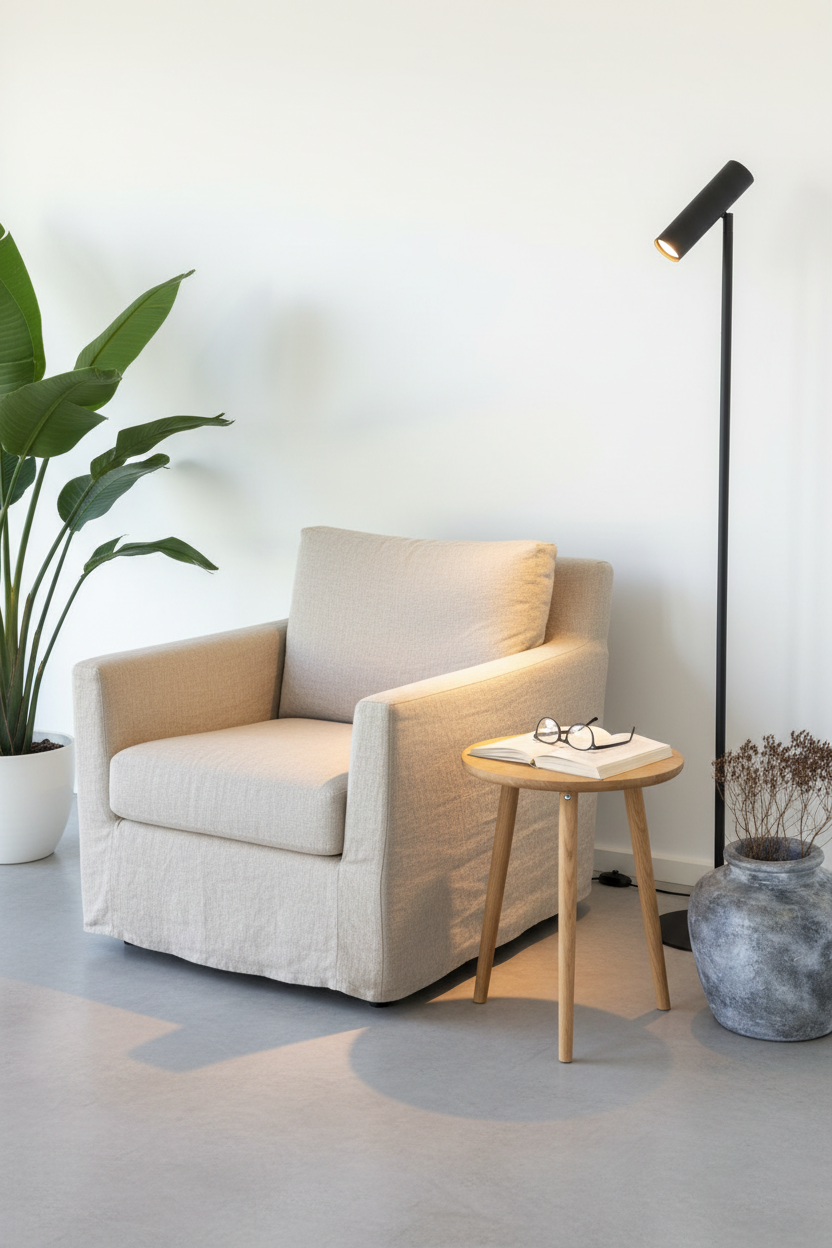 Paris floor lamp with spotlight head angled toward linen reading chair