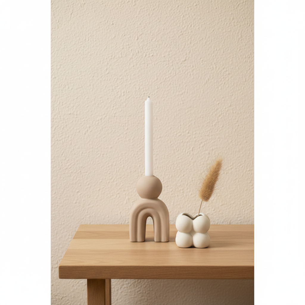 Bello stoneware candle holder on oak side table, limewash wall, natural light