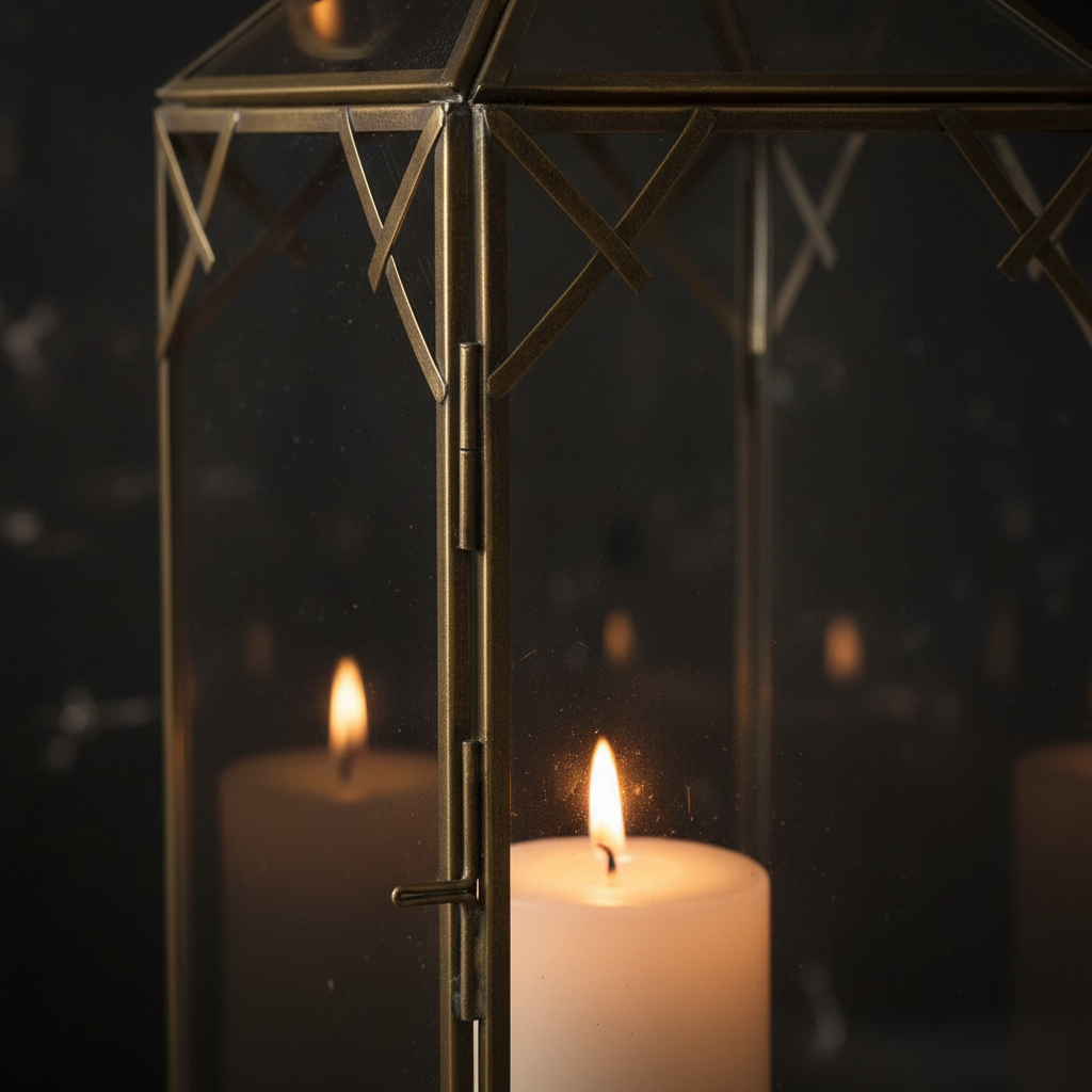 Decorative lantern with lit candles against a dark background