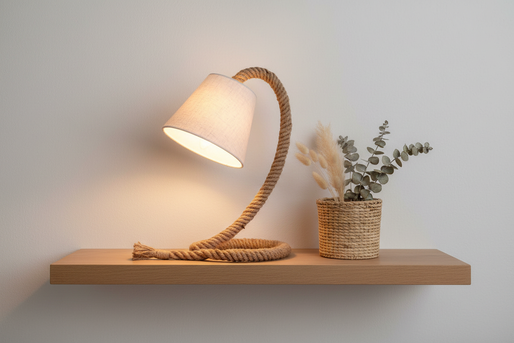 Touw rope lamp on oak shelf with woven basket and dried botanicals