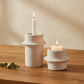 Cemina cement candle holders on oak dining table, limewash wall, natural light