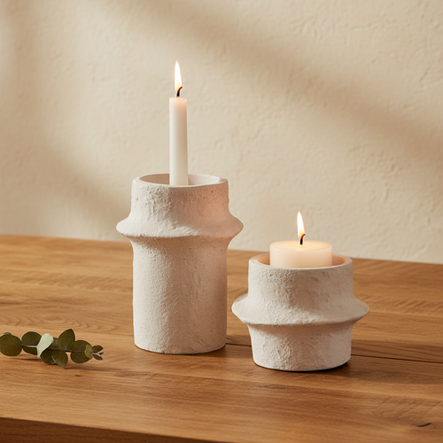 Cemina cement candle holders on oak dining table, limewash wall, natural light